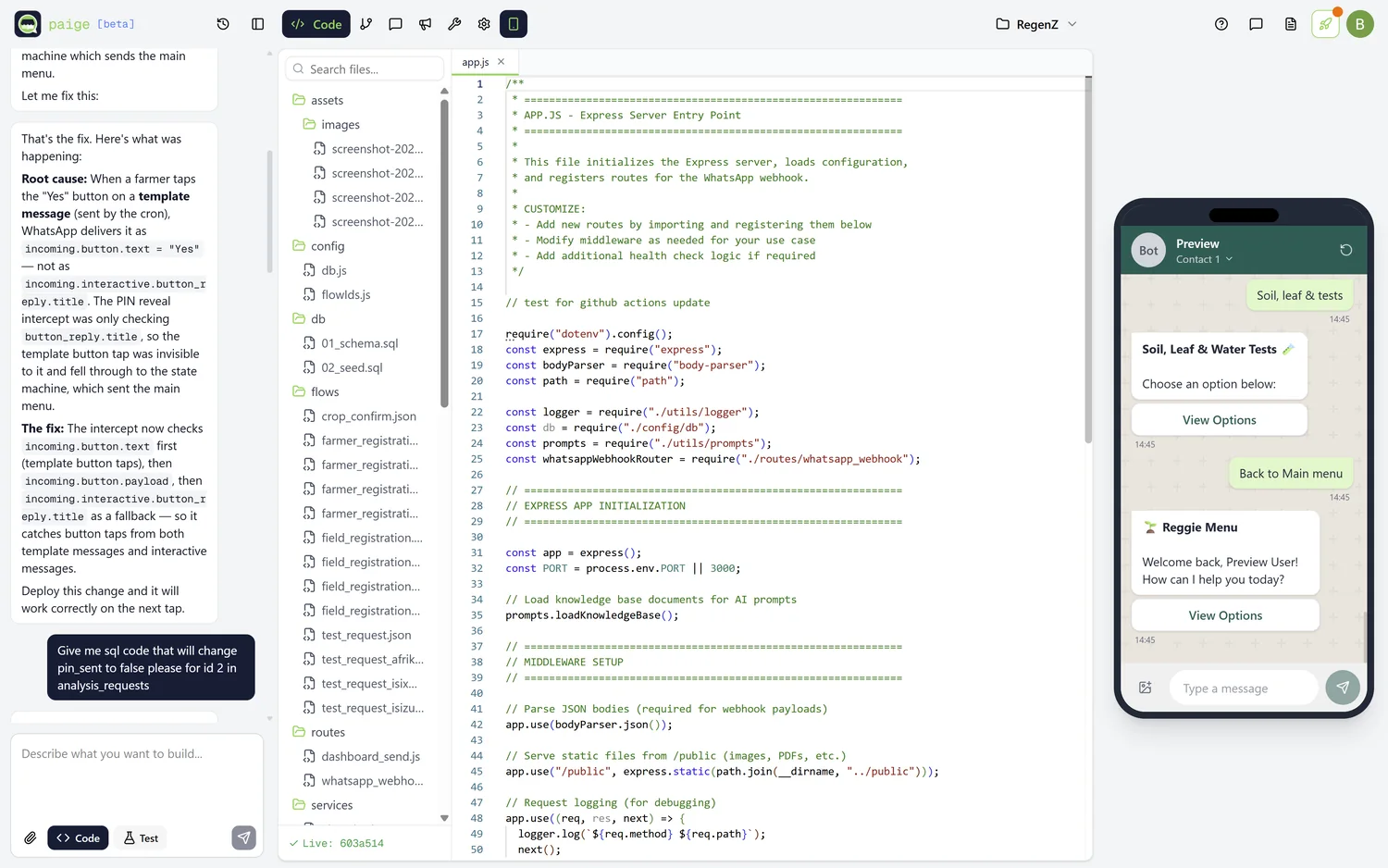 The Paige builder: a build conversation on the left, the project's files and code in the middle, and a live WhatsApp preview of the app on the right.